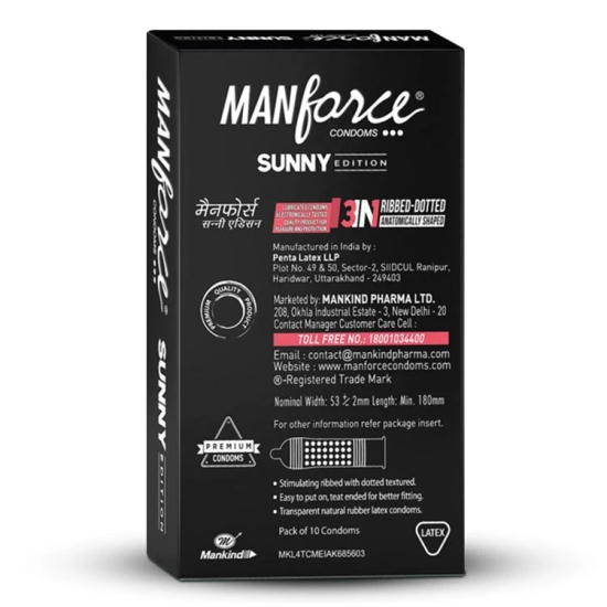 Manforce Ribbed & Dotted Sunny Edition Condoms (432 dots, 32 ribs & anatomically shaped) 10s