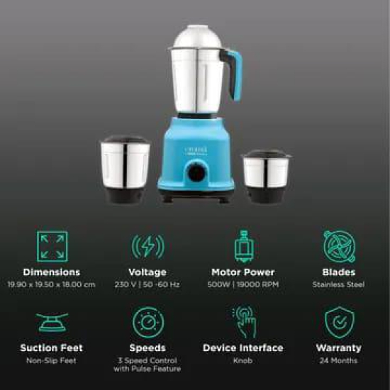 Croma 500 Watt 3 Jars Mixer Grinder (19000 RPM, Shock Proof Body, Blue)