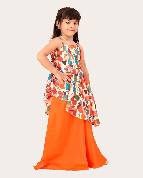 Girls Printed Stylish Flared Palazzo With Crop Top-Orange / 6 - 7 Years