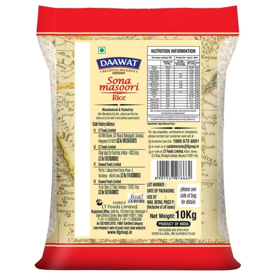 Daawat Sona Masoori Raw Rice 10 Kgs