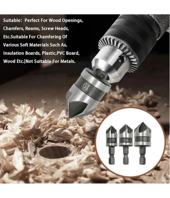 3Pcs Countersink Chamfer Drill Bit Set, 5 Flute 90 Degree Chamfering Countersink Bits with 1/4Inch Hex Shank, 12mm 16mm 19mm