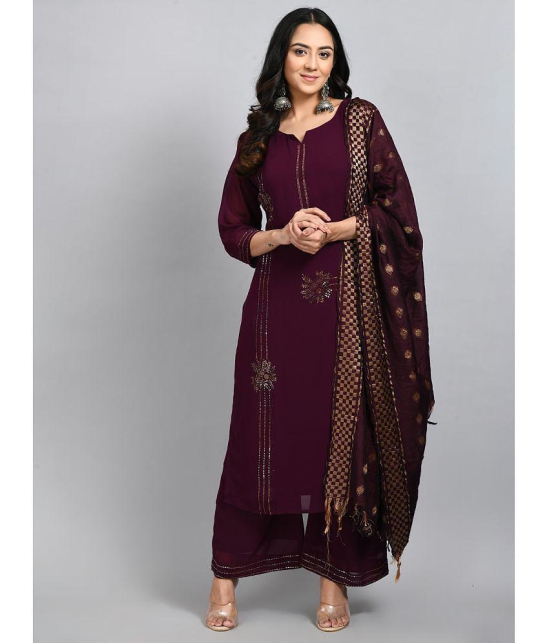 Desinoor - Wine Straight Georgette Women''s Stitched Salwar Suit ( Pack of 1 ) - None