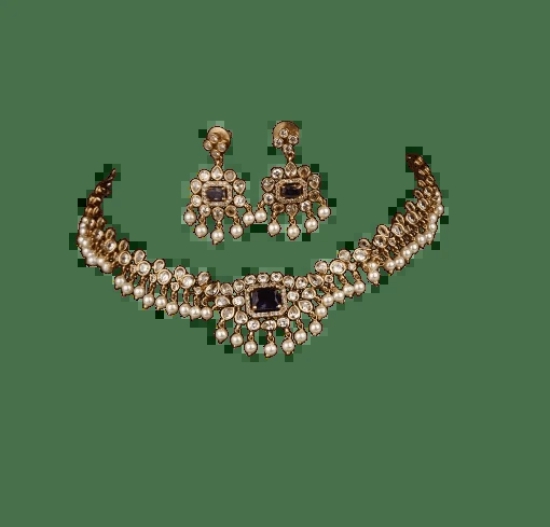 Exquisite Gold-Plated Kundan and Pearl Choker Necklace Set with Earrings