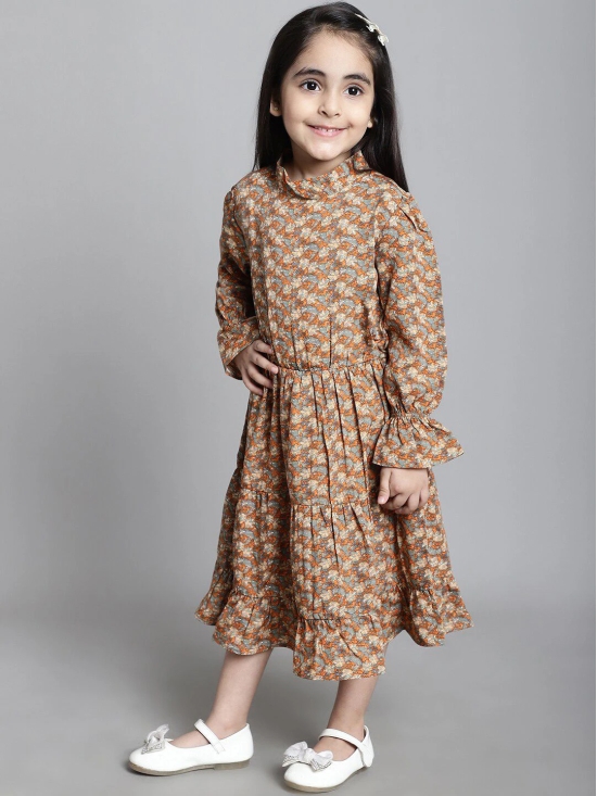 MINI & MING Girls Floral Print Mock Neck Bell Sleeves Crepe Shirt Midi Dress