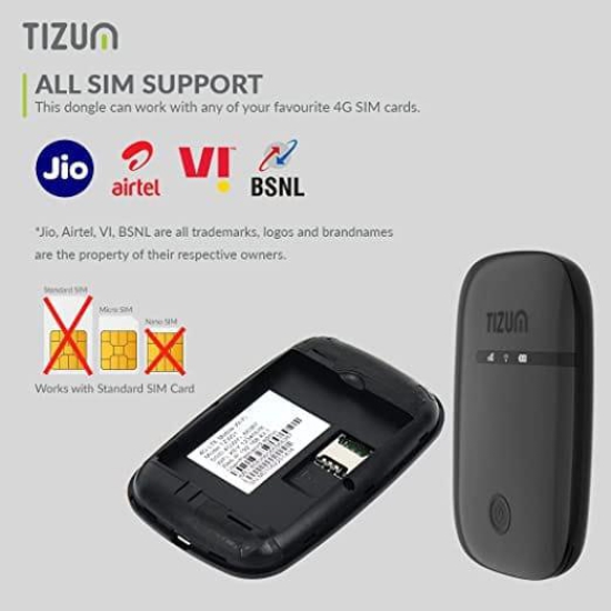 Tizum 4G Fast LTE Wireless Single Band Dongle with All SIM Network Support, Plug & Play Data Card Stick with up to 150Mbps, 2100mAh Rechargeable Battery, SIM Adapter Included with Warranty (Black)