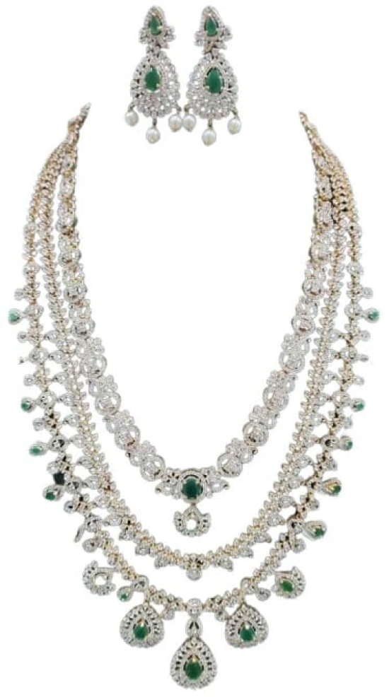 American Diamond And Emerald Three Layer Necklace Set In Gold