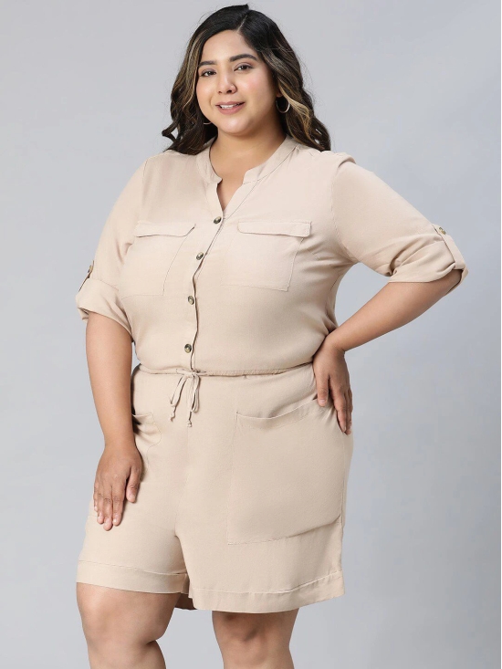 Oxolloxo Plus Size Mandarin Collar Roll-Up Sleeves Waist Tie-Ups Detailed Playsuit