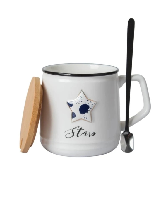 Star Ceramic Coffee Mug With Lid - 350 ml, Stirring Spoon