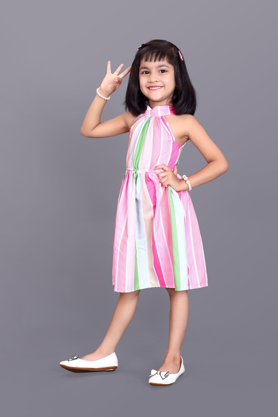 Kids Girls Knee Length Striped Multicolour Design Festive/Wedding Fit & Flare Dress-5 - 6 Year