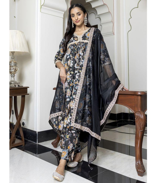 Janasya Cotton Printed Kurti With Palazzo Women''s Stitched Salwar Suit - Black ( Pack of 1 ) - None