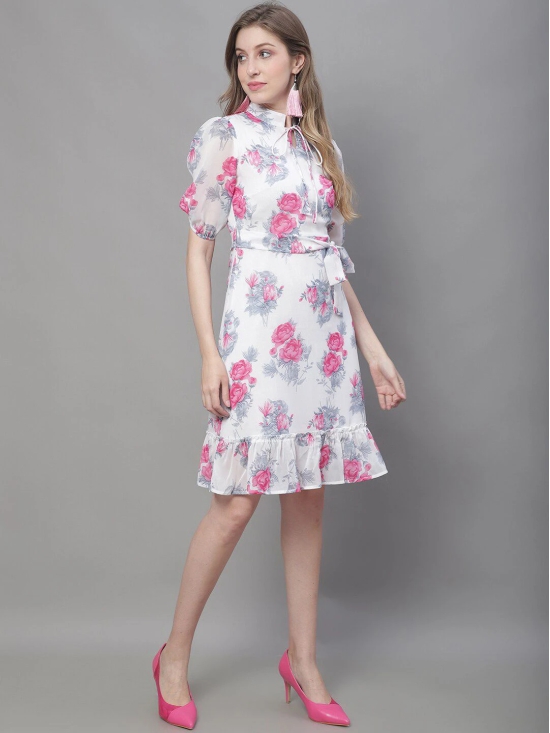 MINI & MING Floral Print Tie-Up Neck Georgette Blouson Dress