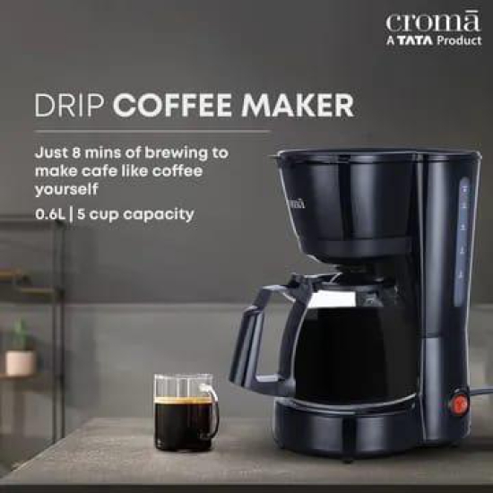 Croma 600 Watt 5 Cups Manual Black Coffee Maker with Rust Resistant (Black)