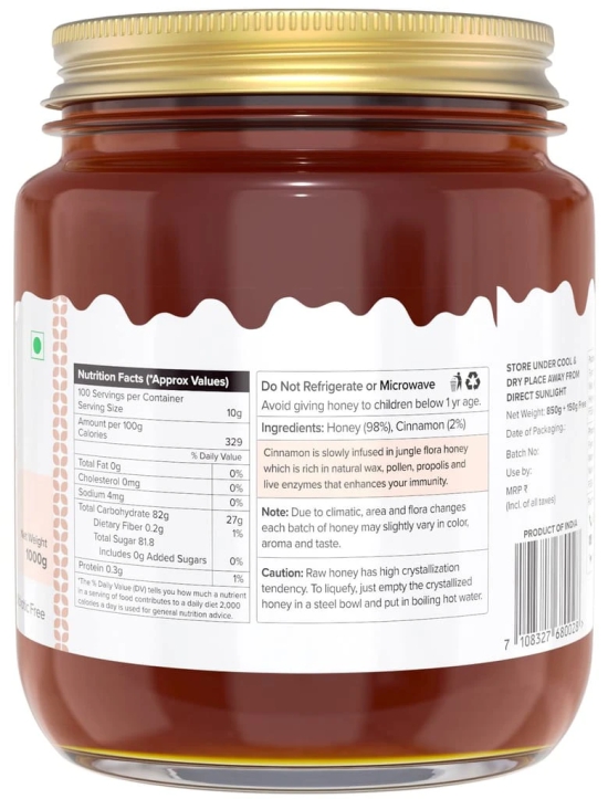 Farm Naturelle-Cinnamon Infused Wild Forest (Jungle) Honey/100% Pure/Natural/Un-Processed/Un-Heated/Lab Tested/Glass Bottle-850g+150gm Extra and a Wooden Spoon.