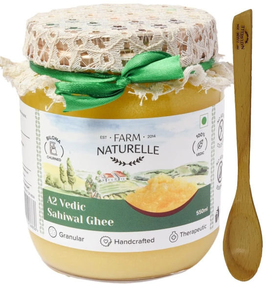 Farm Naturelle-A2 Desi Ghee Cow from Grass Fed Sahiwal Cows | Vedic Bilona Method-Curd Churned-Golden | Grainy & Aromatic, Keto Friendly, Non-GMO | Glass Jar- 500ml+50ml Extra and a Wooden Spoon.