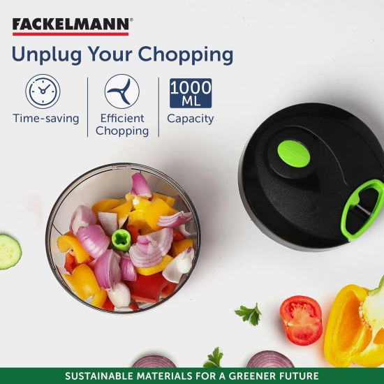 Fackelmann Swift 1000ML Vegetable Chopper, Chopper for kitchen, Onion Chopper with Safe & Durable 3-Blade Design, Non-Electric, Hand-Pull Cutter, Ideal for Quick Meal Preparation