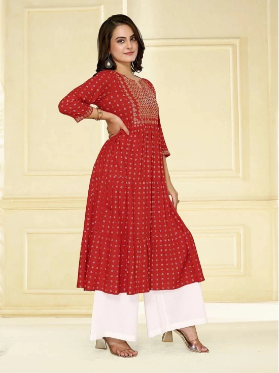 Rangita Women Red Rayon Embroidered Calf Length Tiered Flared Kurta - None