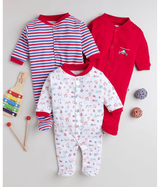 BUMZEE - Red & White Cotton Rompers For Baby Boy ( Pack of 3 ) - None