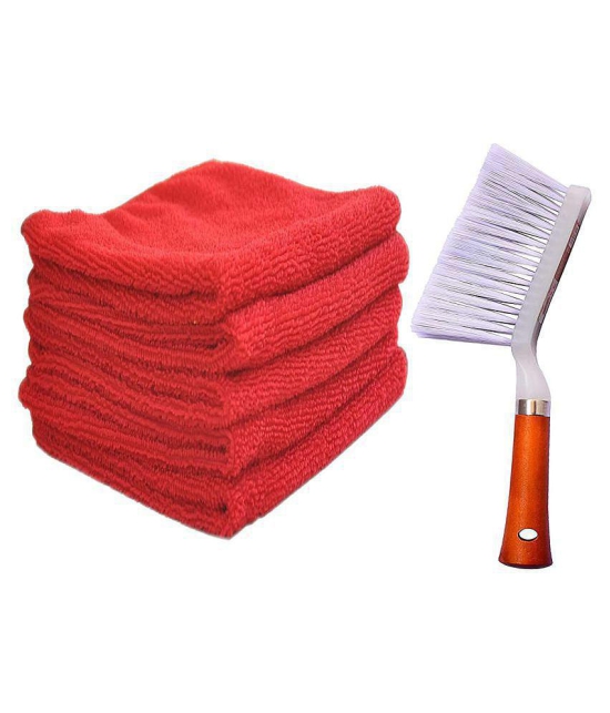 INGENS Combo of Car and Carpet Cleaning Brush and Microfiber Cleaning Cloths,40x40cms 250GSM Highly Absorbent, Lint and Streak Free,Wash Cloth for Car, Window RED(Pack of 5 Cloth and 1 Brush