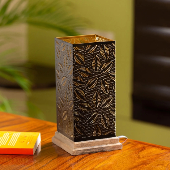 Leafy Plants Hand Etched Table Lamp In Iron & Mango Wood (12 Inch)