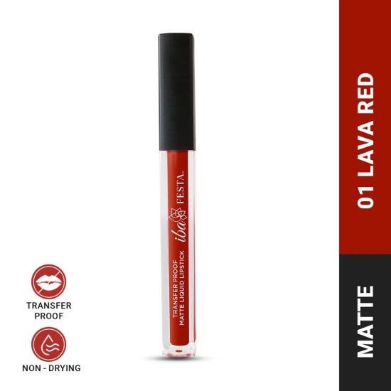 Iba Festa Transfer-Proof Matte Liquid Lipstick Shade - 01 Lava Red, 5ml | Non-Sticky and Non-Drying | Highly Pigmented, Long Lasting | Halal Certified & Vegan Makeup