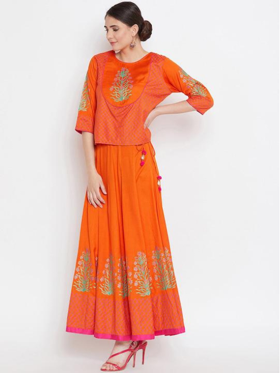 Women Orange Printed Top with Skirt