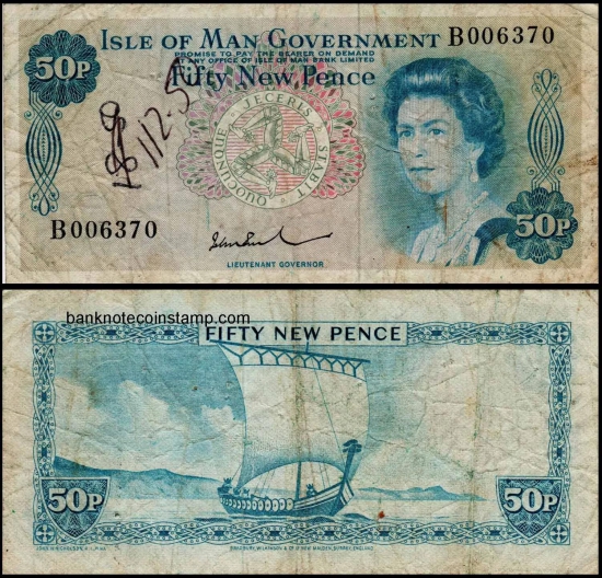 Isle Of Man 50 Shillings  Very Used & Damaged Banknote