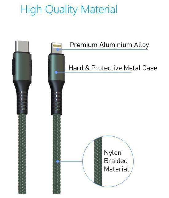 Portronics Konnect CL to 8 Pin Type C:3A Type-C to 8 Pin USB Cable 1.2 Mtr. ,Green (POR 1067) - Green