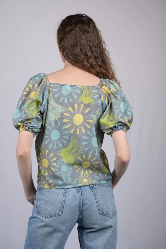 Women's Olive Green Floral Print V-Neck Top (OTL-TPS1036)-Green / XS