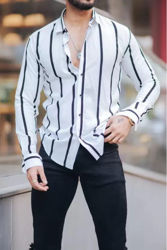 Men Regular Fit Striped Mandarin Collar Casual Shirt