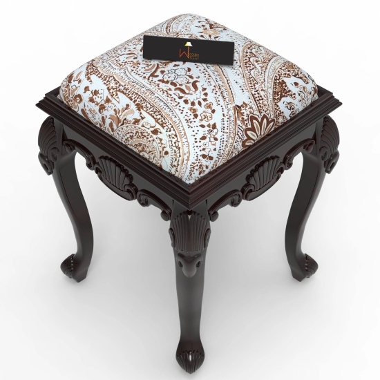 Elegant Hand Carved Teak Wood Stool in Premium Fabric-Honey