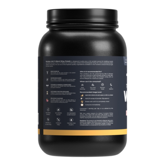 Nutrabay Gold Tri Blend Whey Protein Powder - 1kg, Strawberry Milkshake | 25g Protein, 5.5g BCAA | Concentrate, Isolate, Hydrolyzed Protein | Muscle Growth & Recovery | Gym Supplement for Men & Women