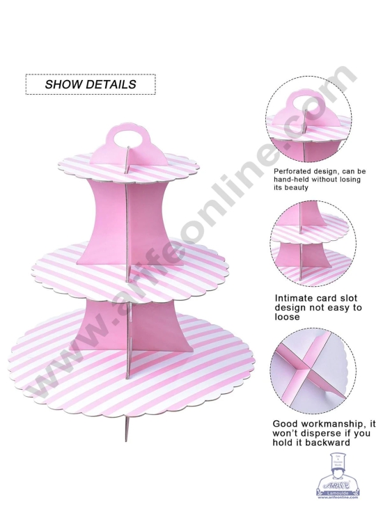 Cake Decor™ 3 Tier Stripe Cardboard Cupcake Stand - (1 Piece)-PINK