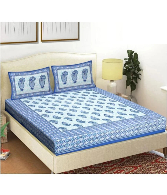 FrionKandy Living - Blue Cotton Double Bedsheet with 2 Pillow Covers - Blue