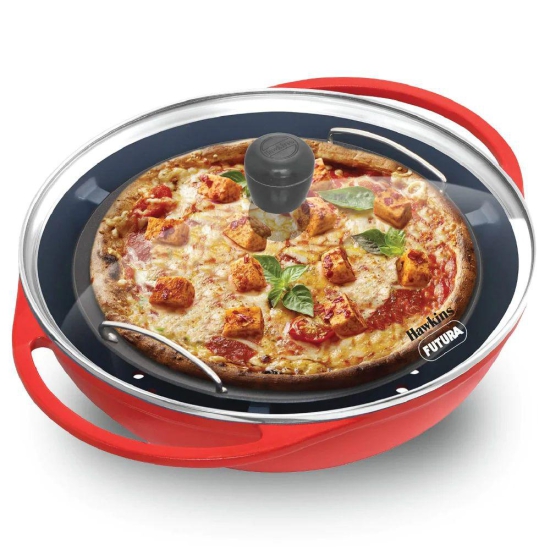 Hawkins Pressure Die-cast 30 cm Pizza Maker & Cake Baker with Glass Lid | Red