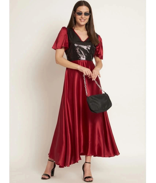 Curvydrobe Satin Embellished Ankle Length Womens Fit & Flare Dress - Maroon ( Pack of 1 ) - None