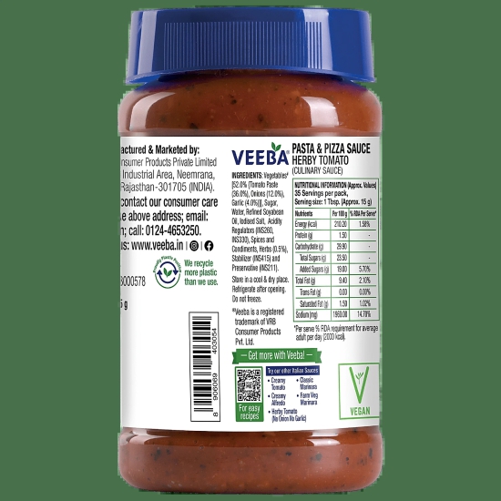 Veeba Pasta & Pizza Sauce Herby Tomato| Red Pasta Sauce Herb, 525 G