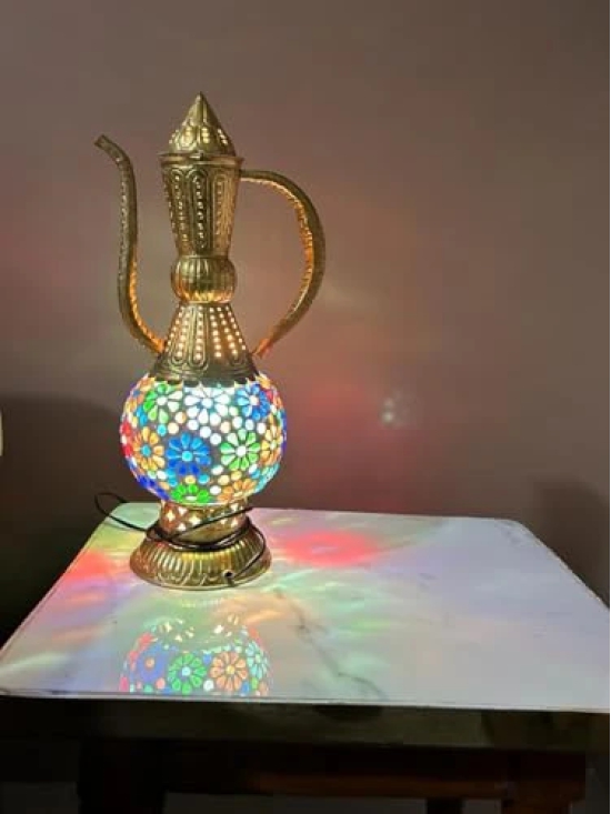 Aarna Creations Metal Mosaic Lamp in Surai Style| Hand-Carved Antique Metal and Ceramic Designer Lamp | Assorted Artistic Metal Ceramic with Glass Work Lamp in Jug Shape