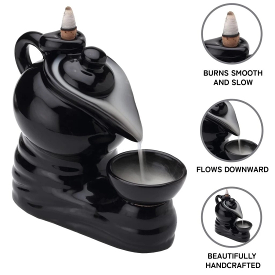 Bodhi House Ceramic Smoke Dropping Fountain Backflow Incense Holder With 20 Incense Cones |Home Decor, Gift | Incense Burner Decorative Showpiece | Aromatherapy (Garden), Black