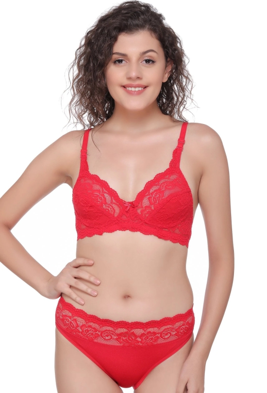 Salsa 5501 Sexy Red Lace Medium Coverage Non Padded Bridal Honeymoon Bra & Panty Sets-34 / B / Red