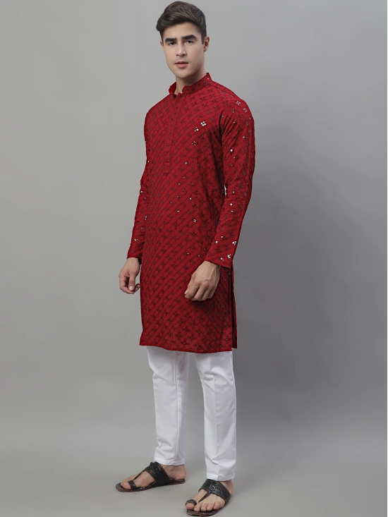 Mens Maroon Chikankari Embroidered and Sequence Kurta with Pyjama.-M / Maroon