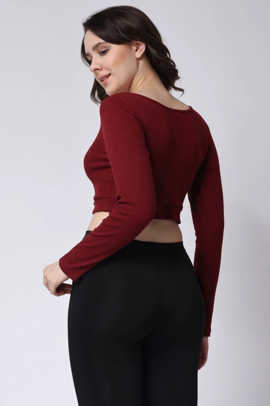 Womens Maroon Gym Rib Long Sleeve Crop Top-M / Maroon