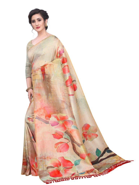 Silk Zone Women's Cotton Digital Printed Beige Saree With Unstitched Blouse Piece