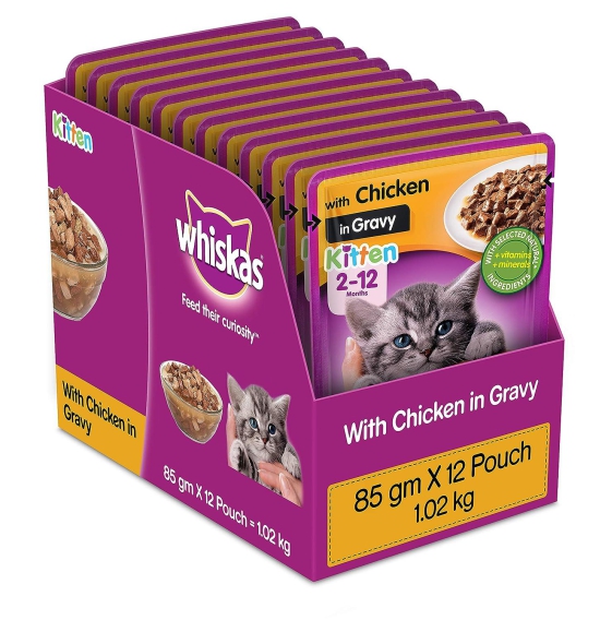 Whiskas Wet Food for Kittens (2-12 Months), Chicken in Gravy Flavour pack of 12 x 85 gms