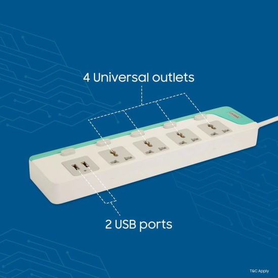 Croma 6 Amps 4 Sockets Surge Protector WIth Individual Switch (2 Meters, Child Safety Shutter, Blue)