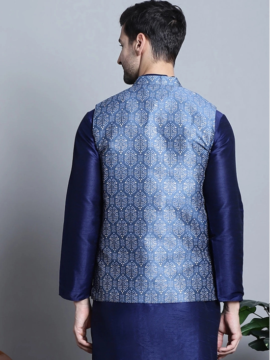 Mens Printed Nehru Jacket-L / Blue