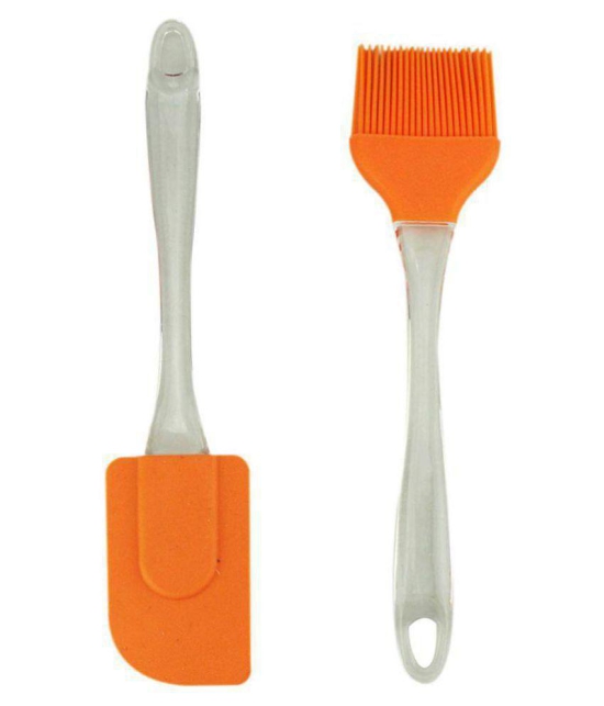 ZEVORA Set of 2 Orange Silicone Basting Brush & Spatula for Cooking, Backing, Cake Mixer, Glazing & Barbeque - Orange