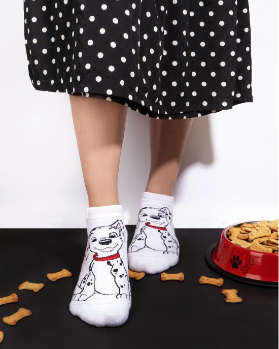 Balenzia x Disney Character Cushioned Ankle socks for women-101 Dalmations (Pack of 1 Pair/1U)-White-Stretchable from 19 cm to 30 cm / 1 N / White