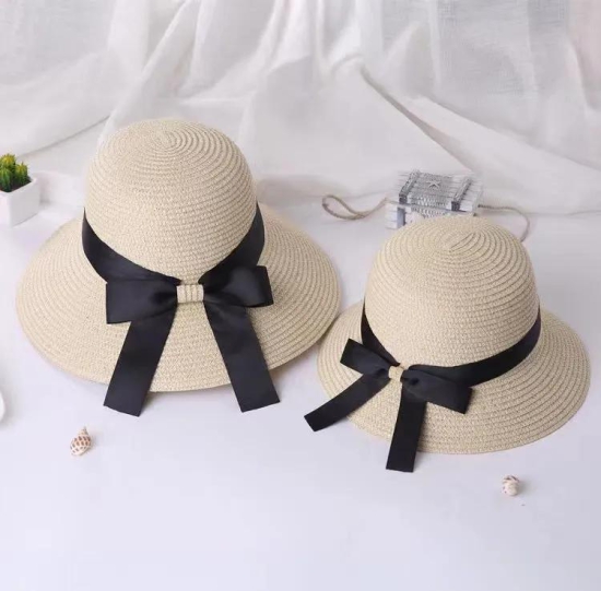 Mom and child straw hat set-White