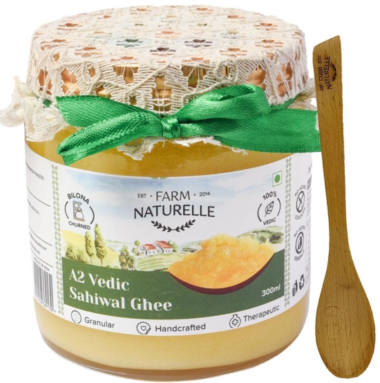 Farm Naturelle A2 Pure Ghee 300ml In Glass Bottle | Extra Engraved Virgin Wooden Spoon | 100% Desi Sahiwal Cow Ghee | Vedic Bilona Method-Curd Churned-Golden | Grainy & Aromatic, Keto Friendly | Non-GMO Grassfed, Premium & Traditional Ghee | Immunity Boos