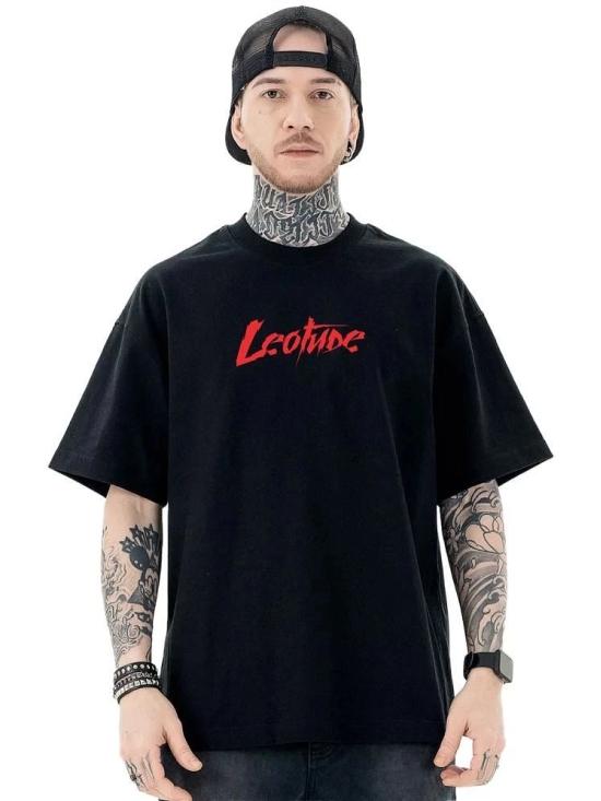 Leotude Cotton Blend Oversized Fit Printed Half Sleeves Mens T-Shirt - Black ( Pack of 1 ) - None